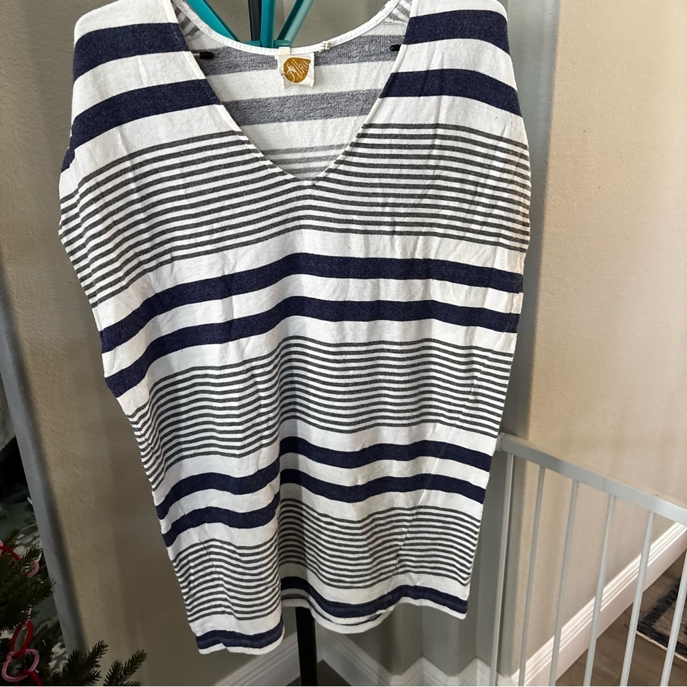 Anthropologie Navy and White Striped Short Sleeve beach Top